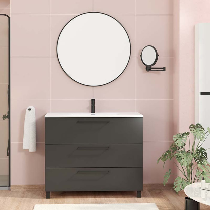 Ensemble De Salle De Bain Haru | Meuble De Salle De Bain Avec Pieds | 100 Cm Noir| 3 Tiroirs | Vasque Ceramique | N'Inclut Pas Miroir | Alday