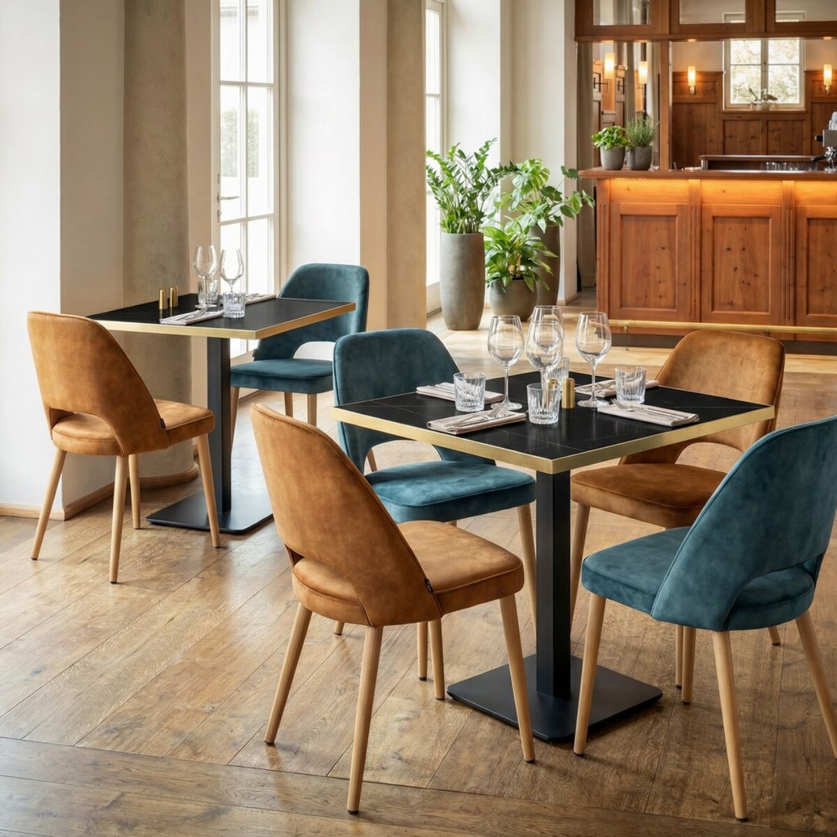 Set 4 sedie sala da pranzo in tessuto effetto velluto color ocra – Oblo