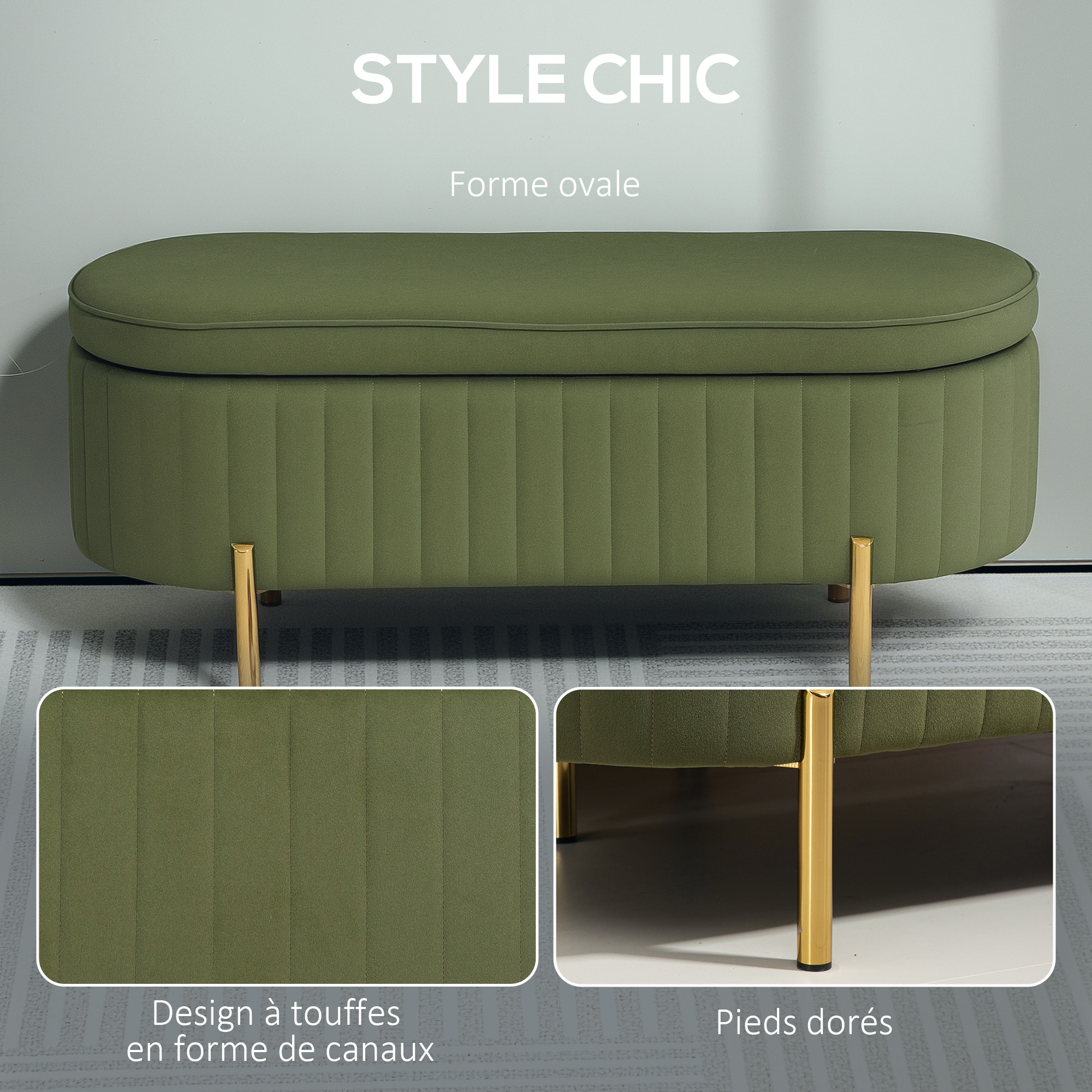 Banquette coffre 2 en 1 design ovale dim. 108x44x43cm velours kaki