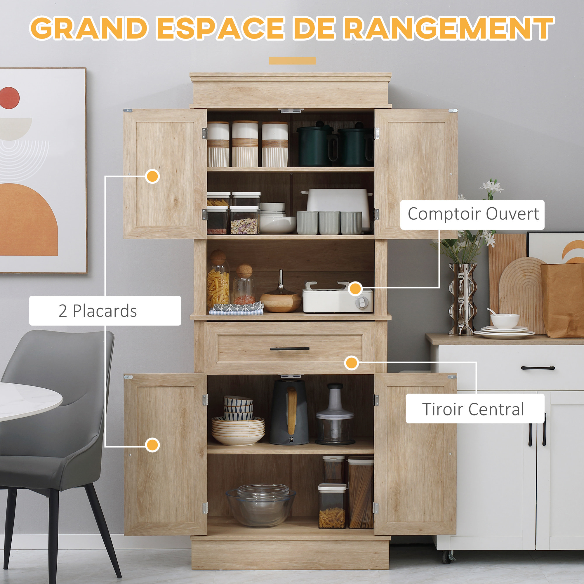 Buffet haut armoire de cuisine multi-rangement 2 placards 2 portes tiroir niche MDF panneaux aspect chêne clair