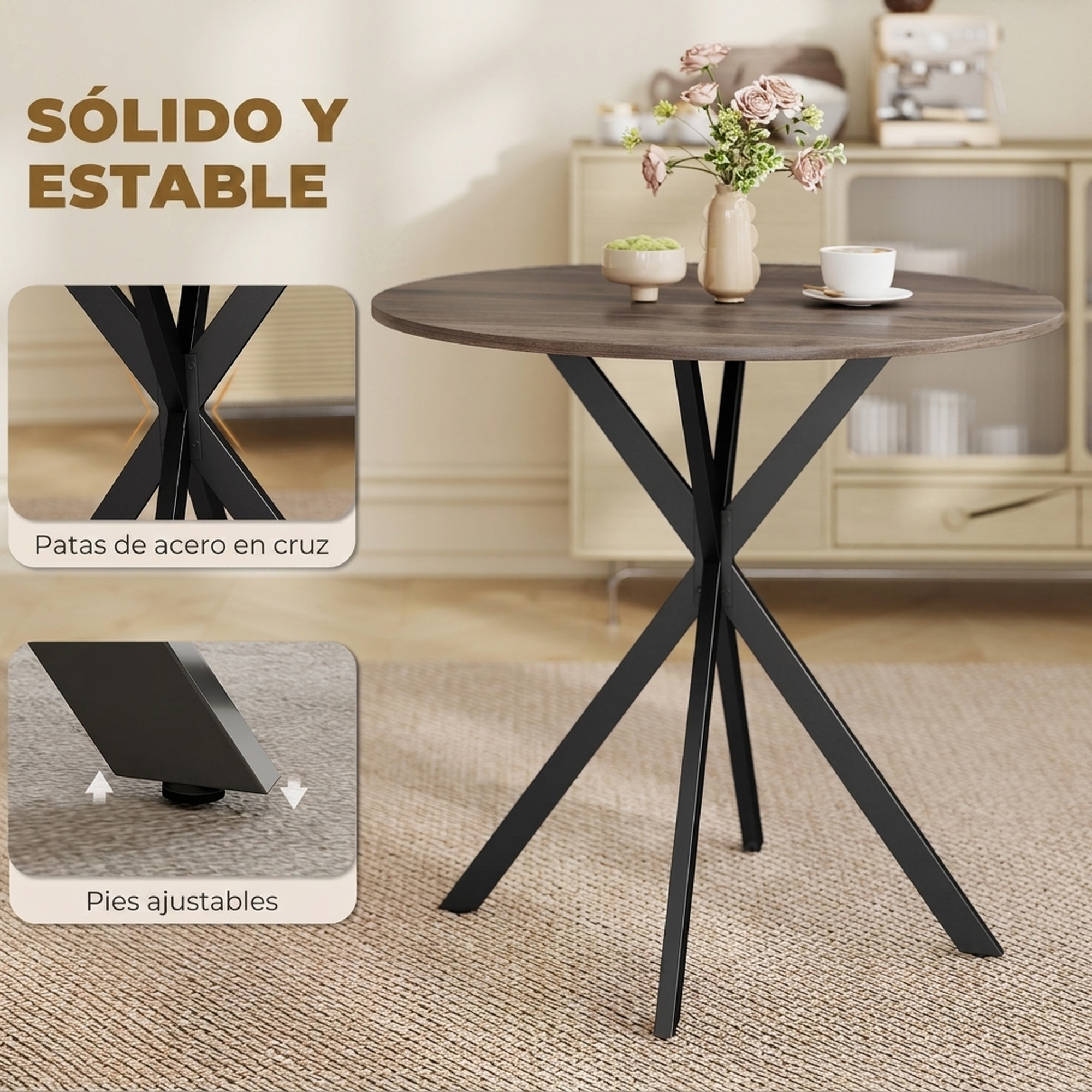 HOMCOM Mesa de Comedor Redonda, Mesa de Cocina Pequeña para 2 Personas, Estilo Industrial, Patas de Acero Cruzadas, para Comedor, Cocina, Salón, Ø80 cm, Marrón