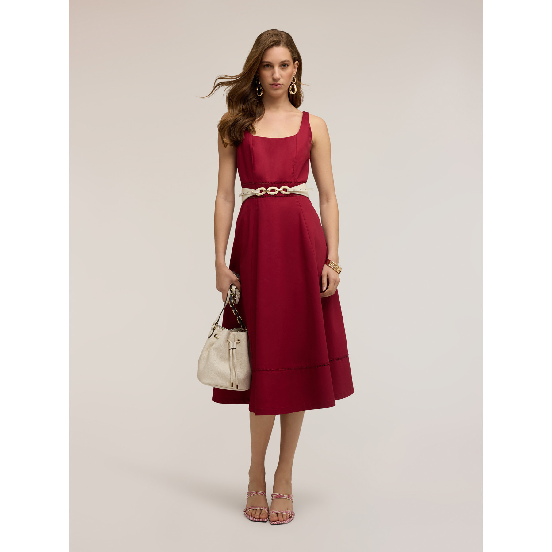 Motivi - Vestido flare en popelín con ajouré - Rojo
