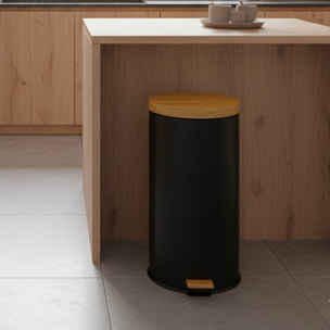 Poubelle bois de cuisine à pédale 30L  FOREST Noir en acier Inox couvercle en bambou avec seau