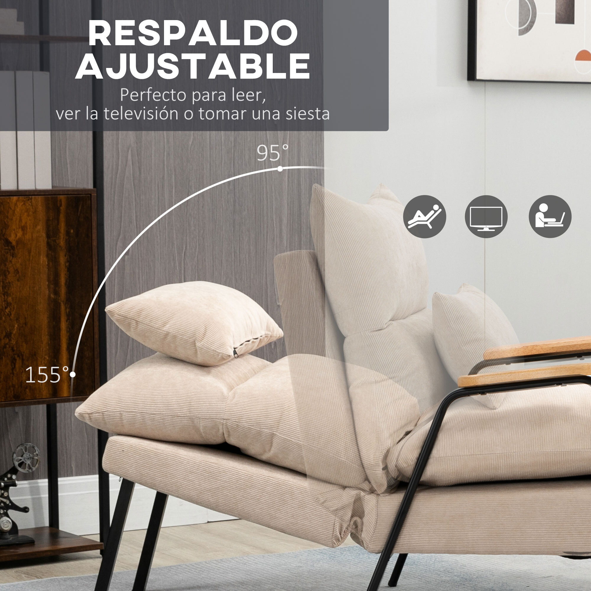 Sillón Relax con Reposapiés Sillón Reclinable con Respaldo Ajustable Tapizado en Pana Marco de Acero y Cojines para Salón Dormitorio 68x91,5x88 cm Beige