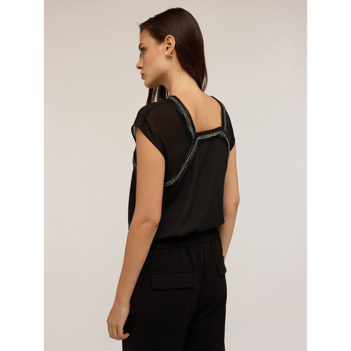 Motivi - Blusa fluida bordada - Negro