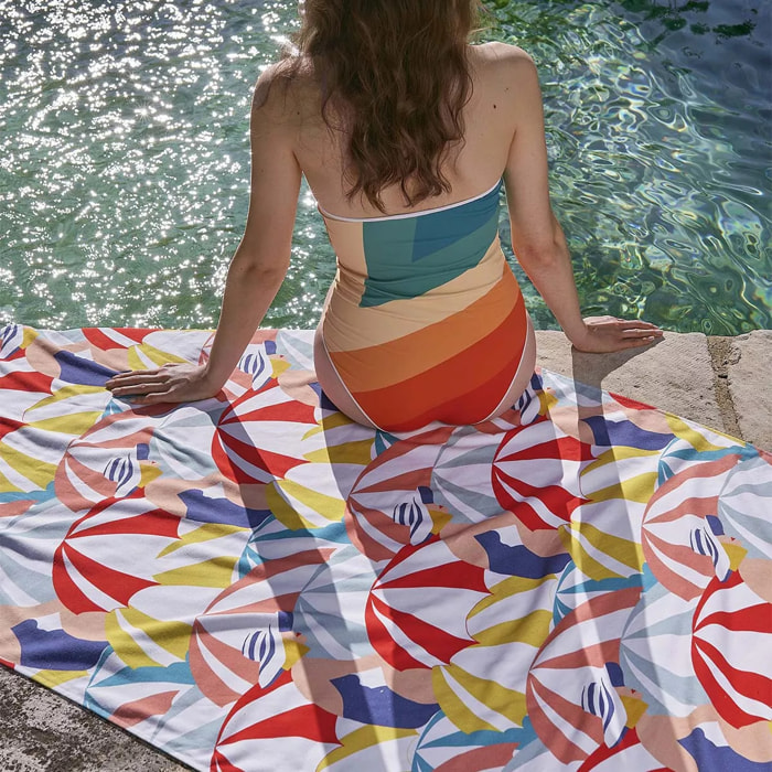 Fouta pur coton 350 g/m² imprimé bleu rouge Parasols pop