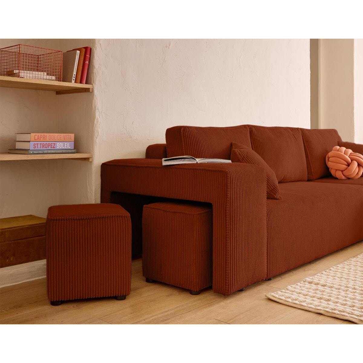 Topaze - canapé d'angle réversible 4 places - convertible avec coffre, tablette et poufs - en velours côtelé - Terracotta