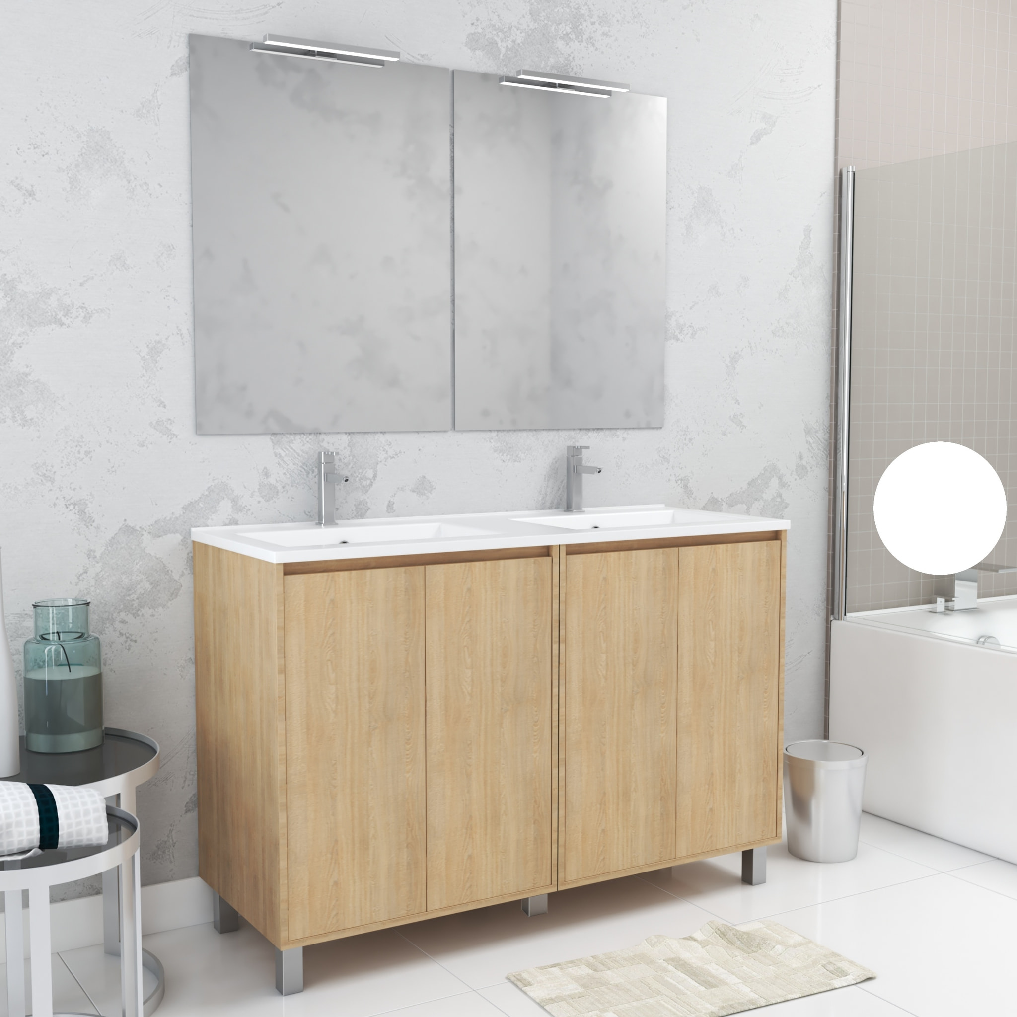 Meuble Salle de Bains 120 cm Chêne Clair 4 Portes, Vasque, Miroirs 60x80 et Réglettes Led - XENOS