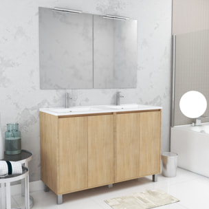 Meuble Salle de Bains 120 cm Chêne Clair 4 Portes, Vasque, Miroirs 60x80 et Réglettes Led - XENOS