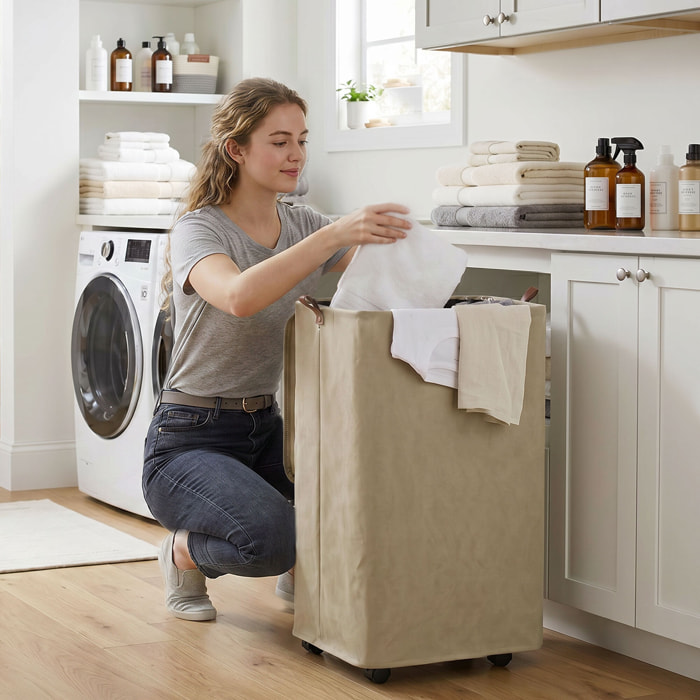 Cesto de Ropa Sucia con Tapa y Ruedas, 50L, Cesta de Ropa Sucia Plegable con Bolsa con Cordón Extraíble y Lavable, para Lavandería, Dormitorio, Baño, 40x30x65 cm, Camel