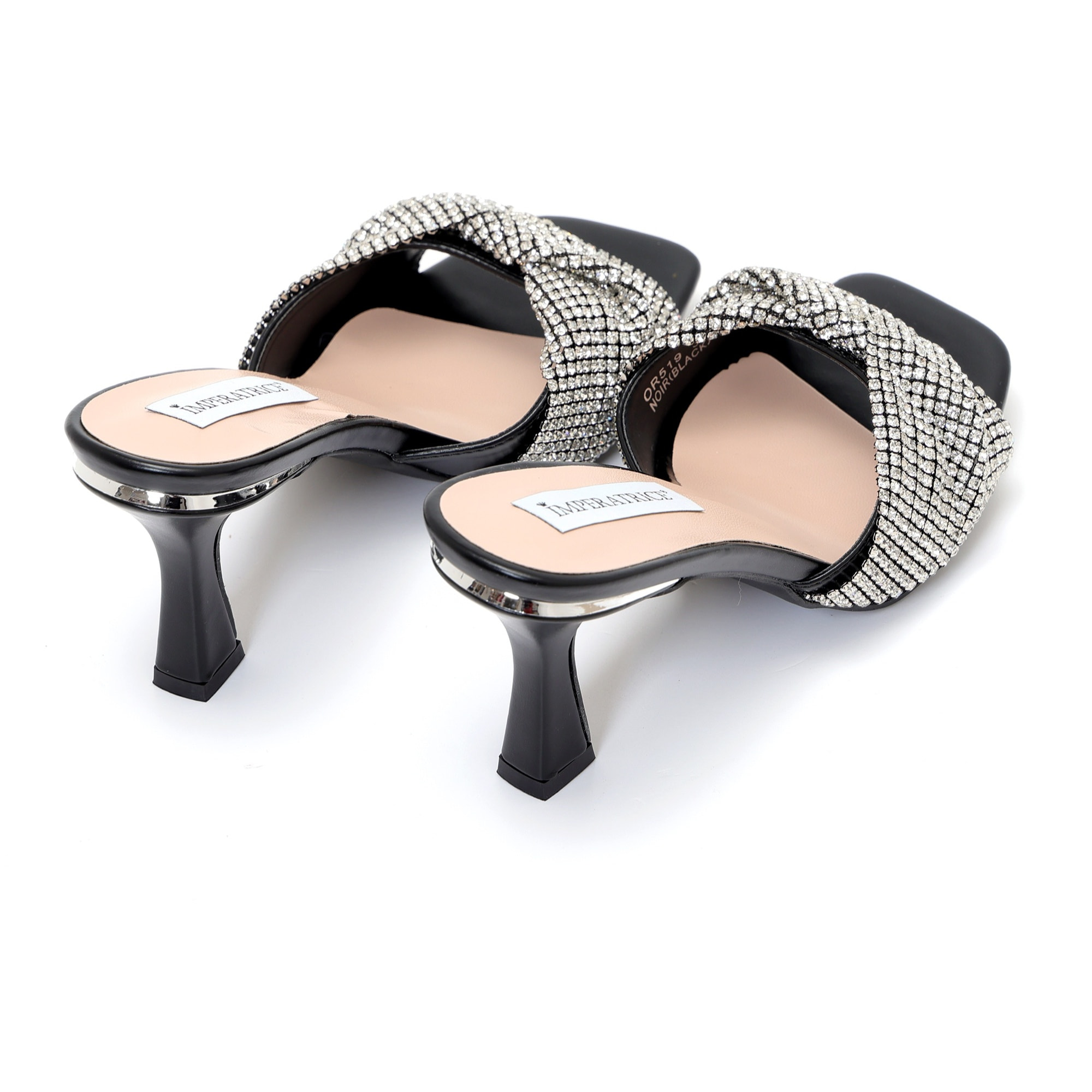 Sandali in simil pelle con tacco a rocchetto e fascia gioiello