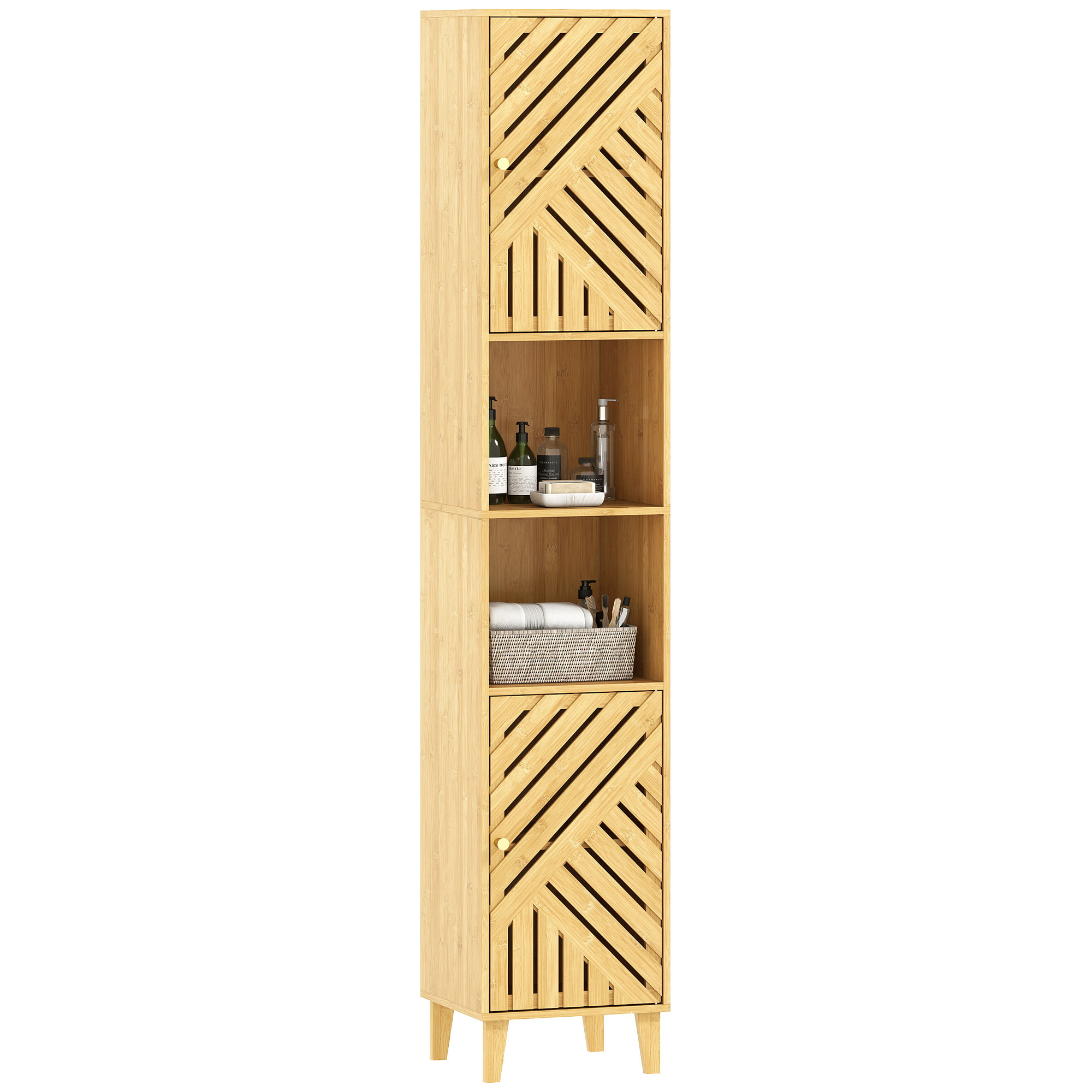 Armario de Baño Alto Columna de Baño Estrecha 32x30x170 cm con Puertas y Patas de Bambú Estantes Ajustables Compartimento Abierto Natural