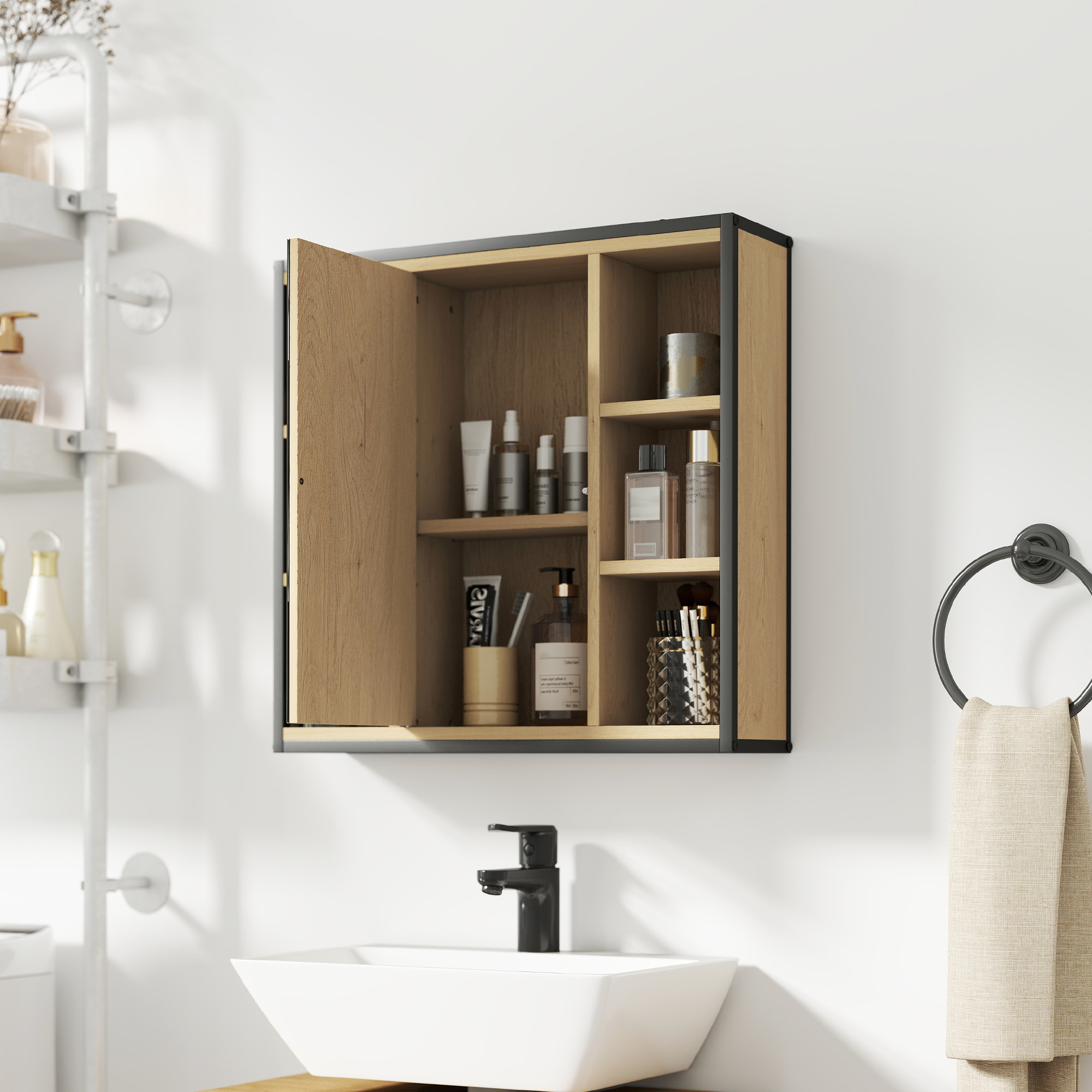 Armoire miroir murale salle de bain - 2 portes, étagère, niche - acier noir effet bois