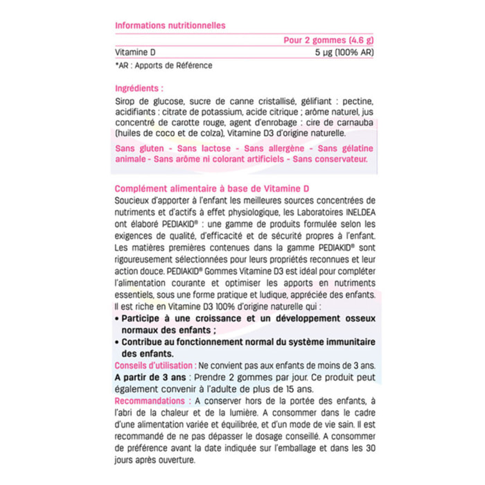 PEDIAKID - Gommes Vitamine D3 - Renforcement des défenses naturelles - Croissance & résistance - Dès 3 ans - Goût Fraise - Couvre 100% des apports journaliers recommandés - Lot de 2 Piluliers