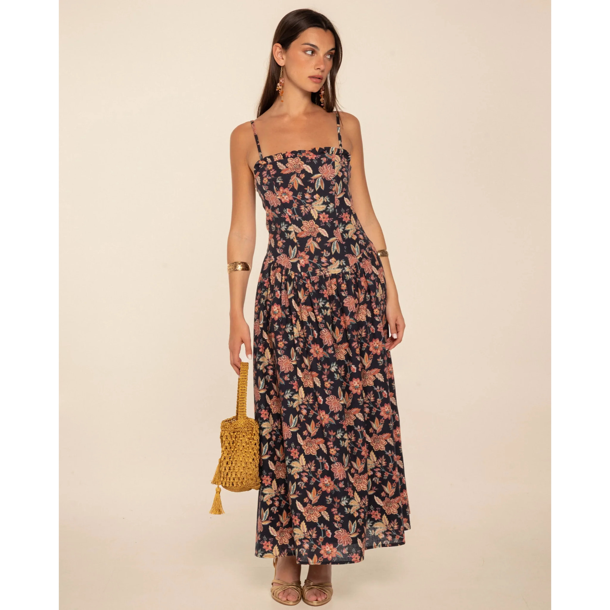 Vestido midi con tirante fino de algodón