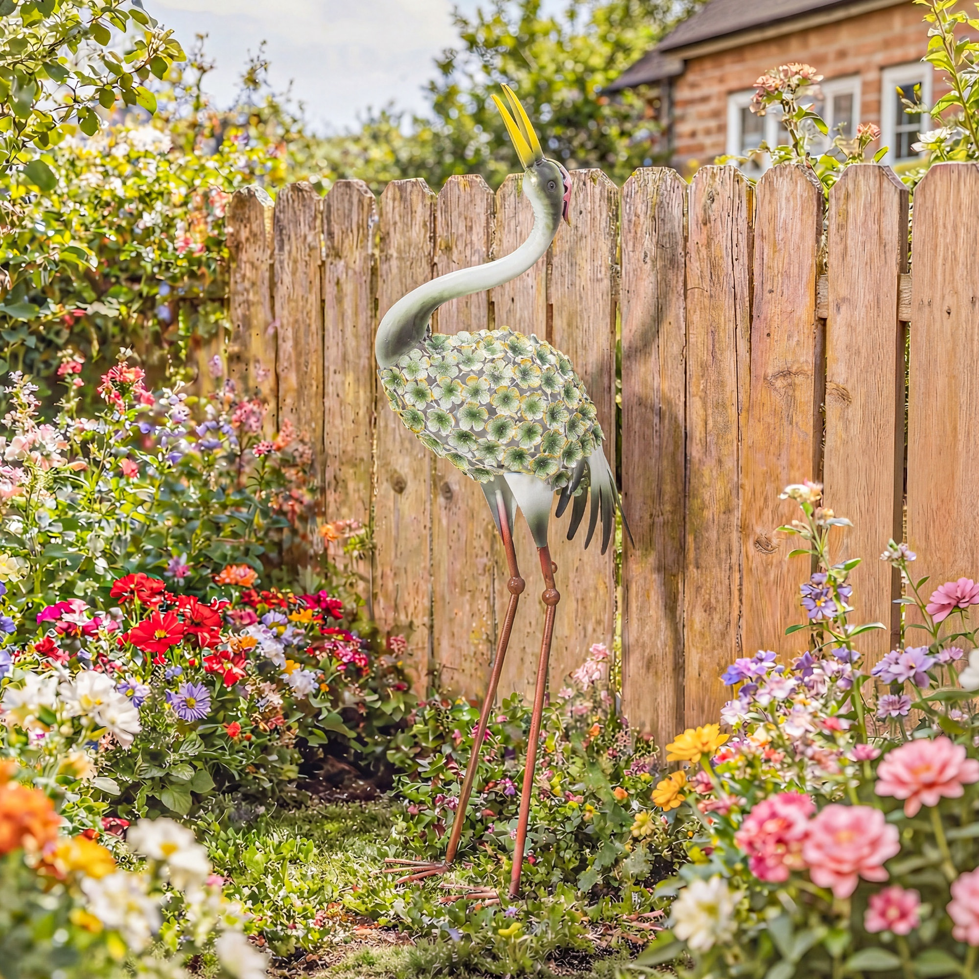 Statue de jardin héron debout décoration extérieure métal vert