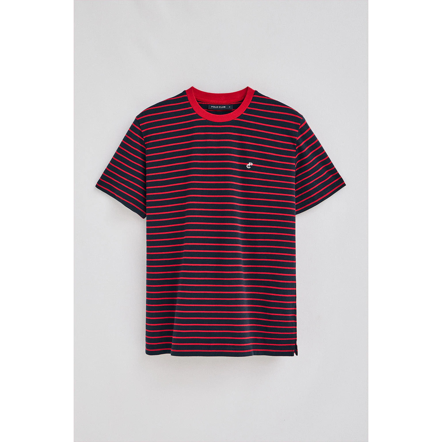 Camiseta de rayas rojas y azul marino con monograma bordado
