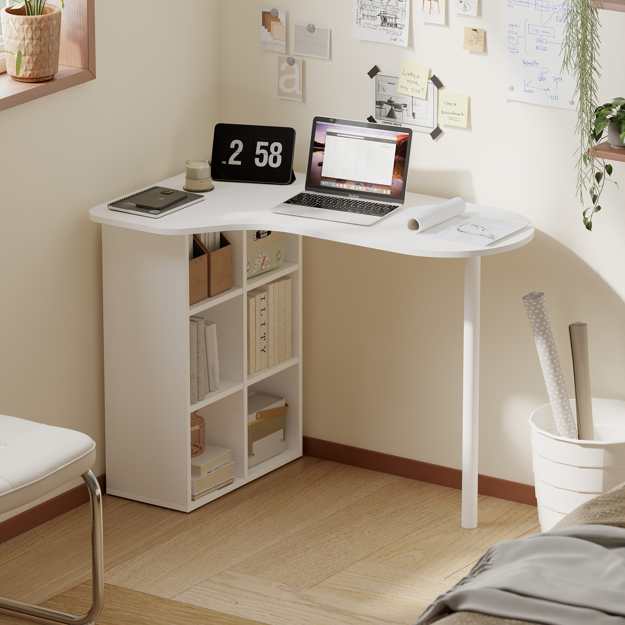 Bureau design - bureau forme organique compacte dim. 100 x 59 cm - 6 niches - acier MDF blanc