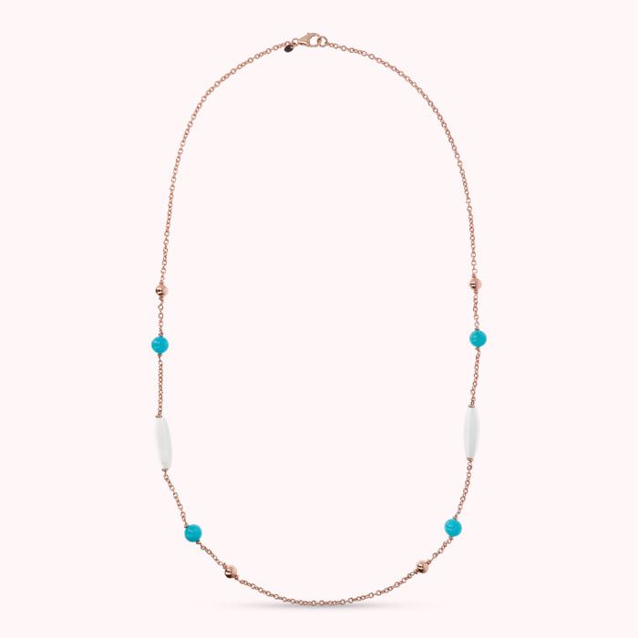 Collana Lunga con Bead Lucide, Quarzite Turchese e Agata Bianca