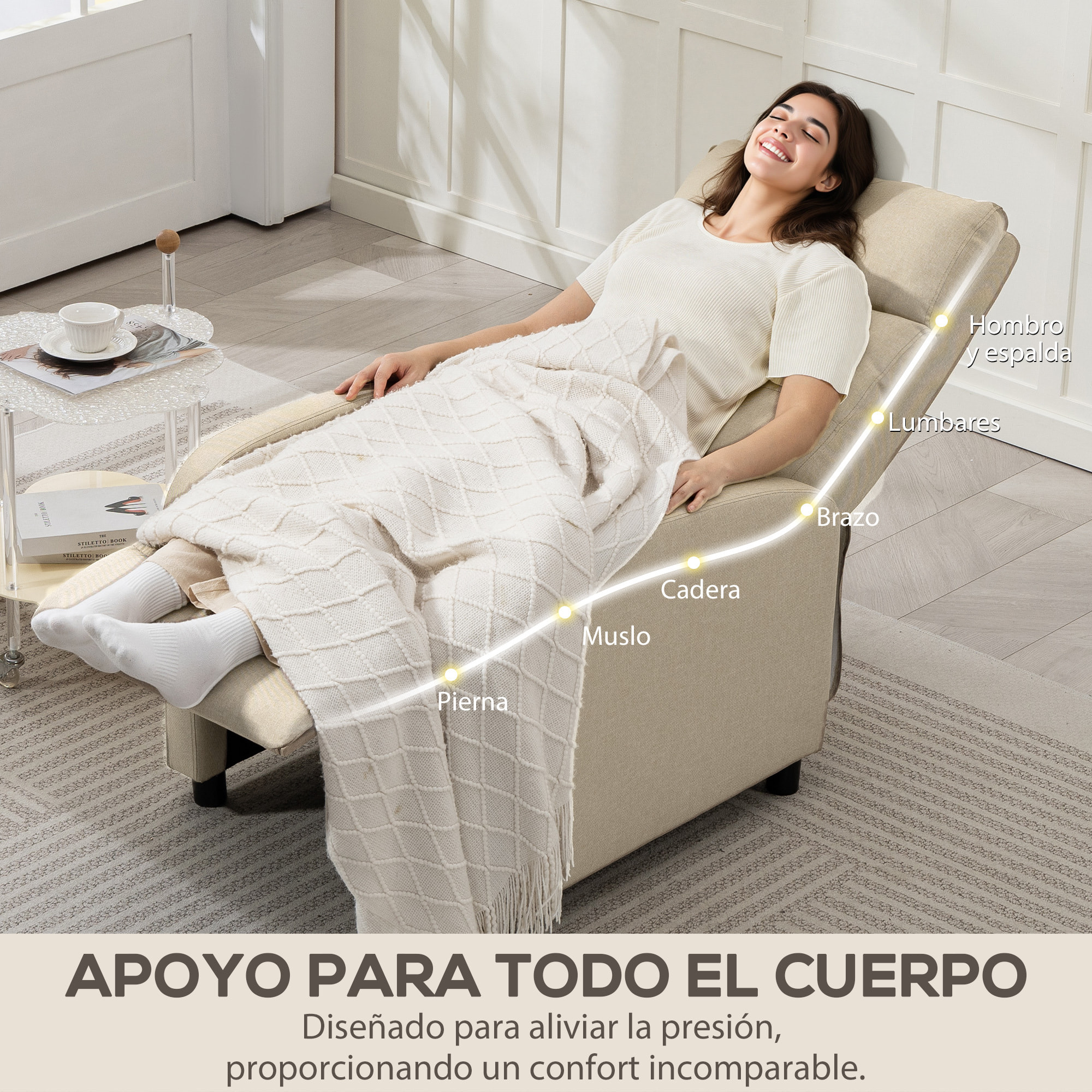 Sillón Relax Reclinable Manual, Sillón Relax de Lino con Apertura Push, Reposapiés, Respaldo Alto, Acolchado Grueso, Butaca Reclinable hasta 155º para Salón, Dormitorio, Oficina, Beige