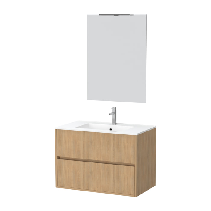 Pack Meuble Salle de Bains 80cm Chêne Clair 2 Tiroirs, Vasque, Miroir 60x80 et réglette Led - XENOS