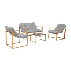 LANA Salon de jardin 4 places contemporain brun et coussins gris
