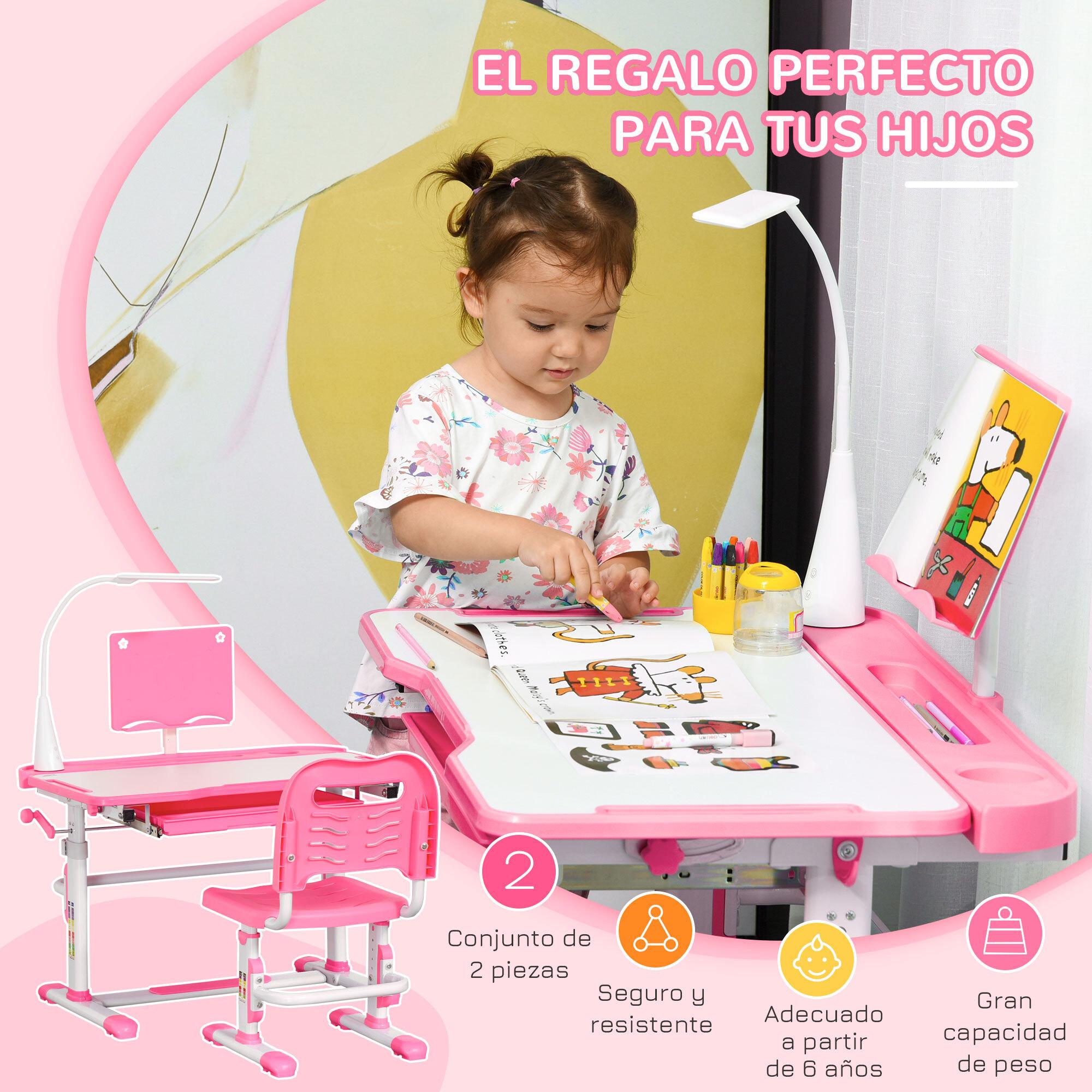 Juego de Escritorio y Silla para Niños de +6 Años Pupitre Infantil con Altura Ajustable Mesa Inclinable Cajón Lámpara LED y Portalápices 80x49,5x82-104 cm y 35,5x43,5x63-73 cm Rosa