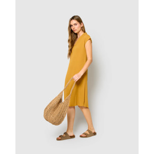 Vestido corto algodón lino ocre
