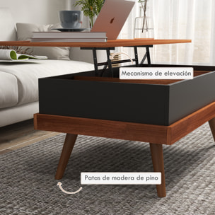 Mesa de Centro Elevable Mesita de Salón con 3 Compartimientos de Almacenaje Ocultos y Patas de Madera para Oficina Dormitorio 100x79x54 cm Marrón y Negro