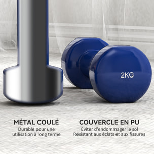 Ensemble d'haltères courtes total 10 Kg - collaboration Aosom.fr x FFHandball - paires de 0,5/1/1,5/2 Kg avec malette - métal PU multicolore