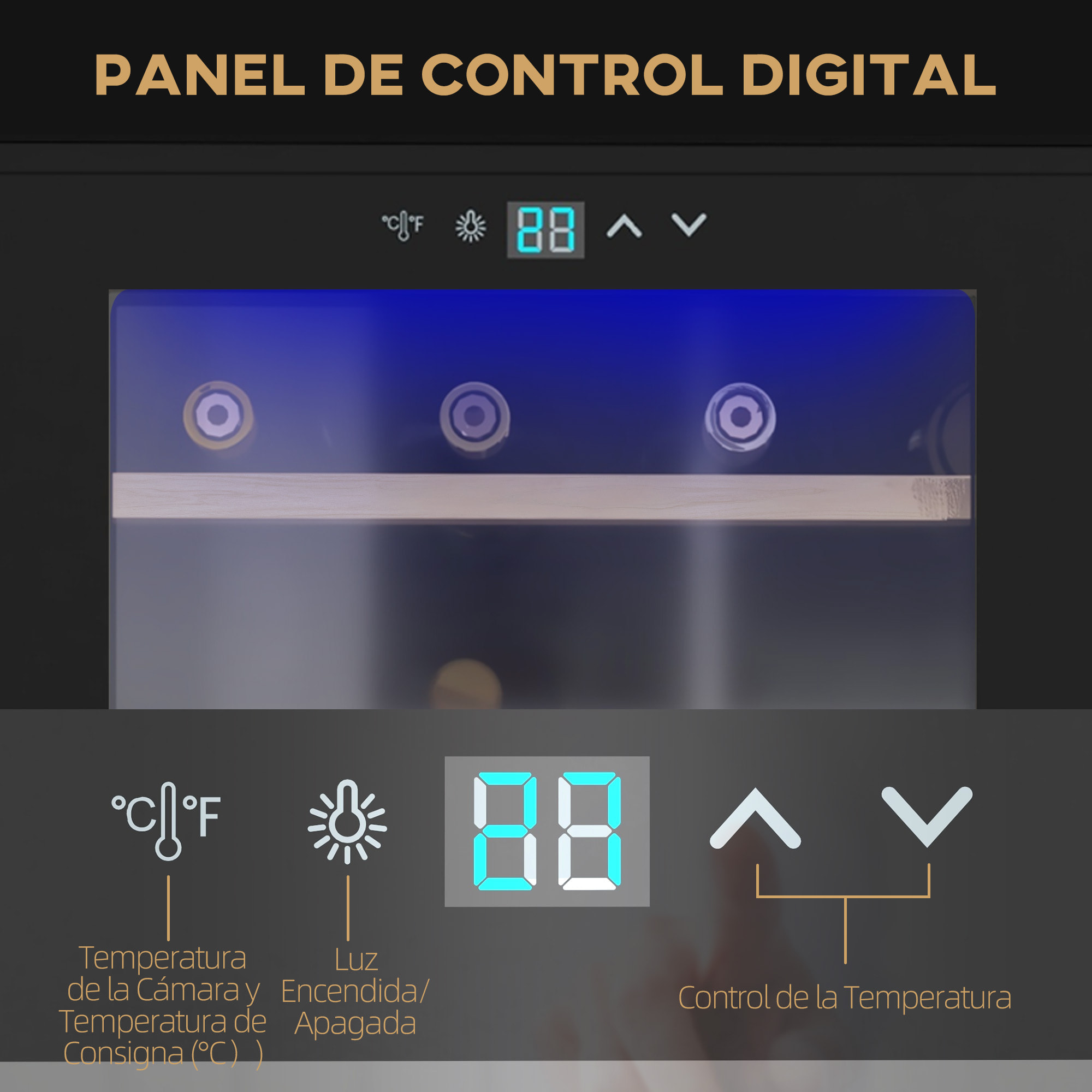 Nevera Vinos 24 Botellas 65L Vinoteca con Luz LED Interior Pantalla Táctil Digital Control de Temperatura Puerta de Vidrio y 5 Estantes de Metal Negro