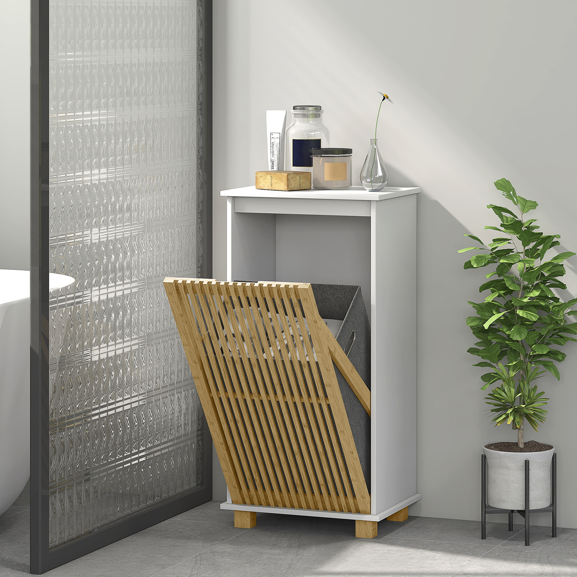 Meuble bas salle de bain - panier à linge amovible - tissu gris bambou blanc