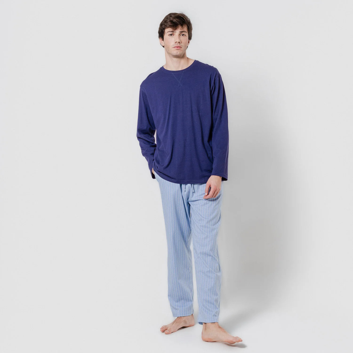 Pigiama lungo in cotone con righe blu navy