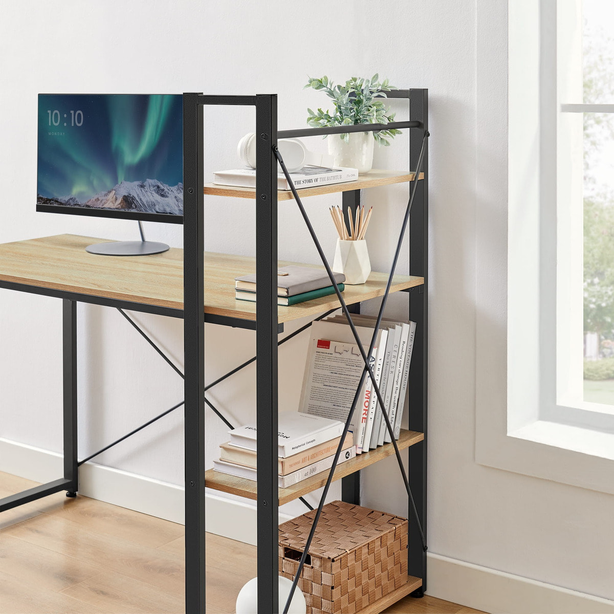 Scrivania per Computer con 3 Ripiani Rovere Sonoma e Nero