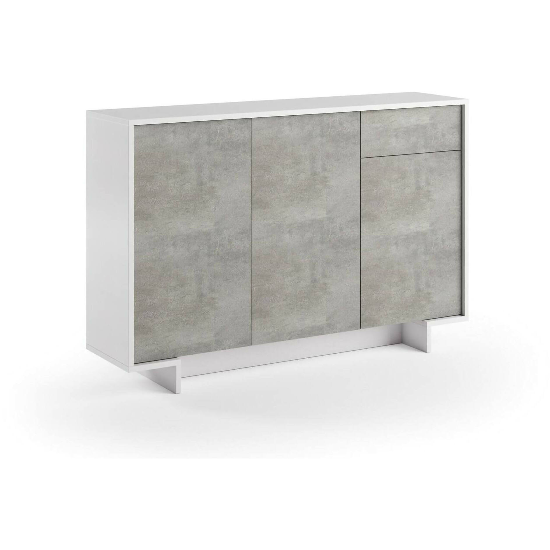 Credenza Dbakayok, Madia da salotto, Buffet da soggiorno a 3 ante e 1 cassetto, 100% Made in Italy, 134x35h87 cm, Bianco e Cemento