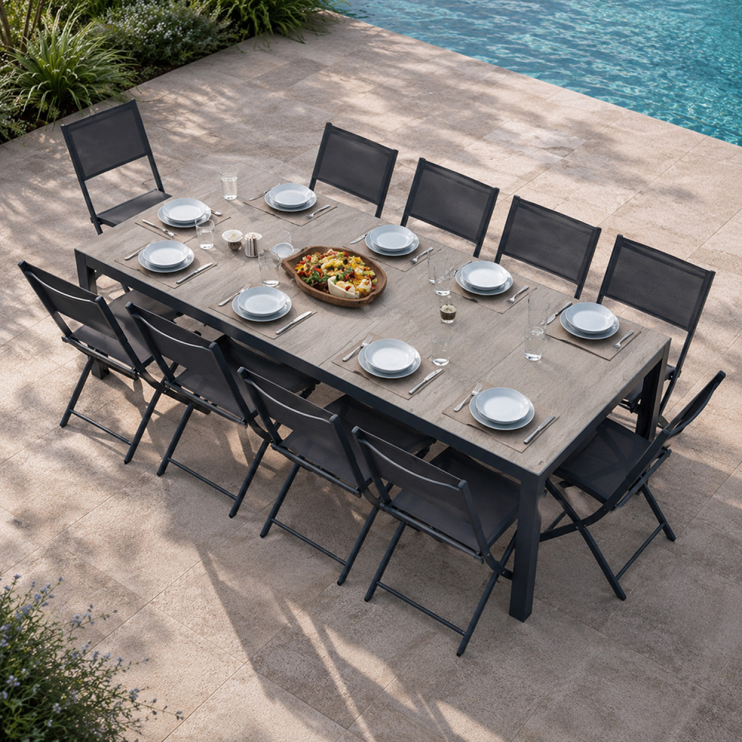 Ensemble table de jardin 200 cm en aluminium et 10 chaises pliantes NAIROBI