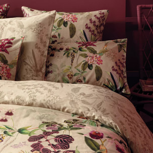 Drap plat satin de coton imprimé vert rose beige Parfum d'orchidee grege