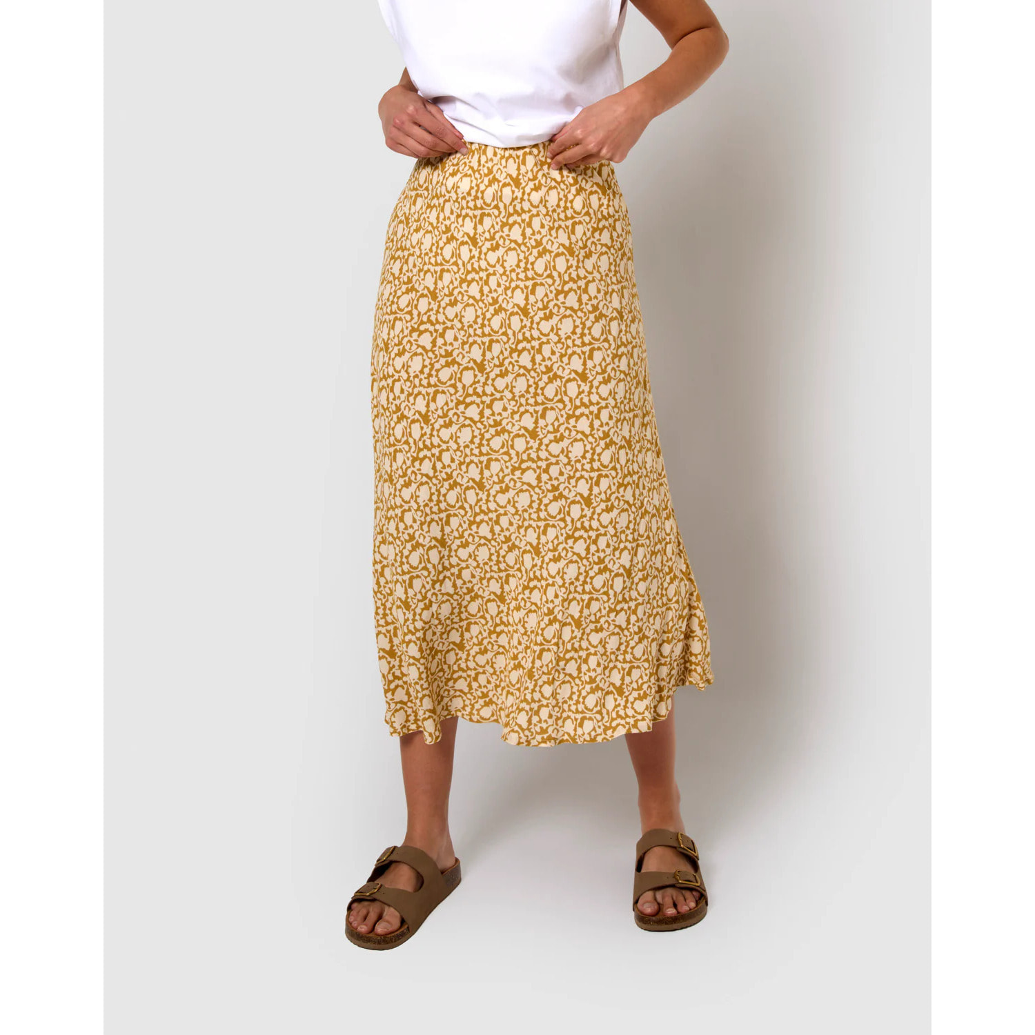 Falda midi bambula detalles plisados telma ocre