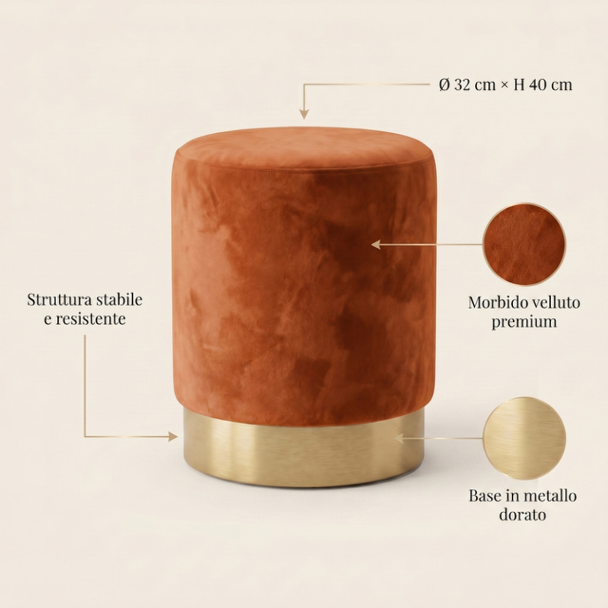 Pouf cilindrico in velluto con base dorata, sgabello imbottito elegante e resistente, seduta compatta salvaspazio, ideale per salotto camera ingresso e toeletta, design moderno glamour e versatile
