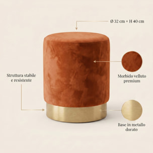 Pouf cilindrico in velluto con base dorata, sgabello imbottito elegante e resistente, seduta compatta salvaspazio, ideale per salotto camera ingresso e toeletta, design moderno glamour e versatile