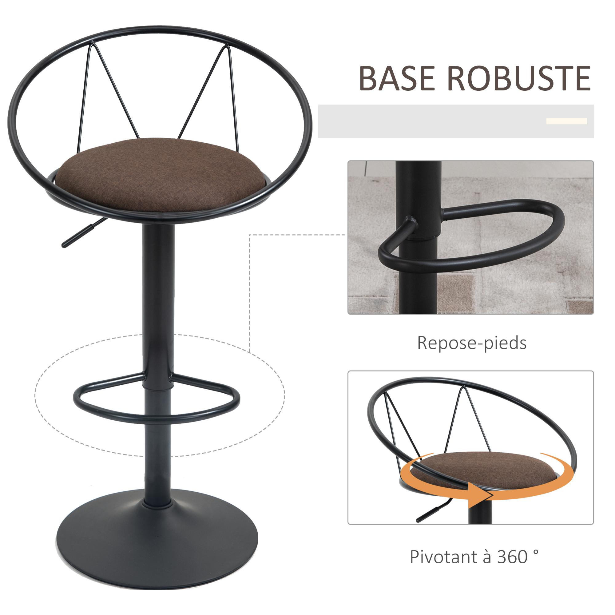 Lot de 2 tabourets de bar design néo-rétro réglable pivotant avec repose-pied métal noir lin marron