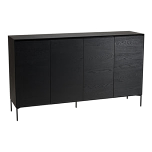MAXENDRE - Buffet noir 4 portes 6 étagères pieds métal noir