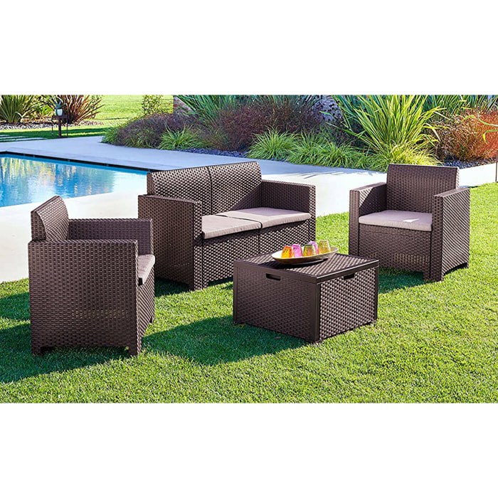 Set salotto da esterno Gazania, Set da giardino con cuscini, Salottino indoor e outdoor effetto rattan, 100% Made in Italy, Marrone