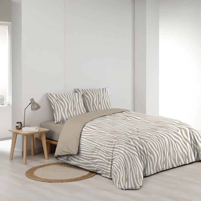 Parure de lit 3 pièces 100 % coton imprimé zèbre housse + taies - Naturel