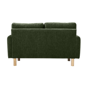 Canapé design 2 places en tissu effet velours vert kaki et bois clair BONO