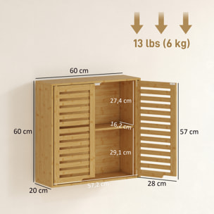 Armario de Baño de Pared de Bambú, Mueble de Baño Colgante con Estante Ajustable, Puertas de Lamas, Armario de Almacenamiento para Cocina, Lavadero, sobre el Inodoro, Natural