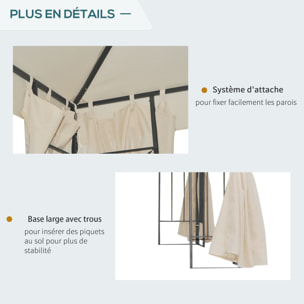 Tonnelle barnum style colonial double toit toiles latérales amovibles 2,95L x 2,95l x 2,65H m beige noir