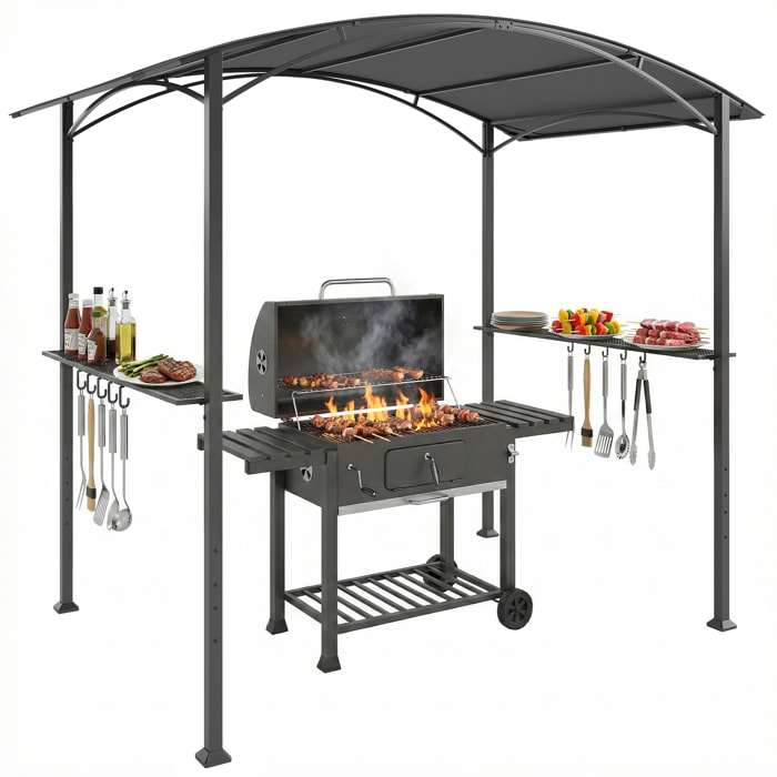 Carpa Barbacoa 2,4 x 1,5 m, Cenador de Pérgola con 2 Estantes Laterales, Toldo Resistente a la intemperie, Ganchos y Estructura de Acero, para Jardín Terraza Exterior Camping BBQ, Gris Oscuro