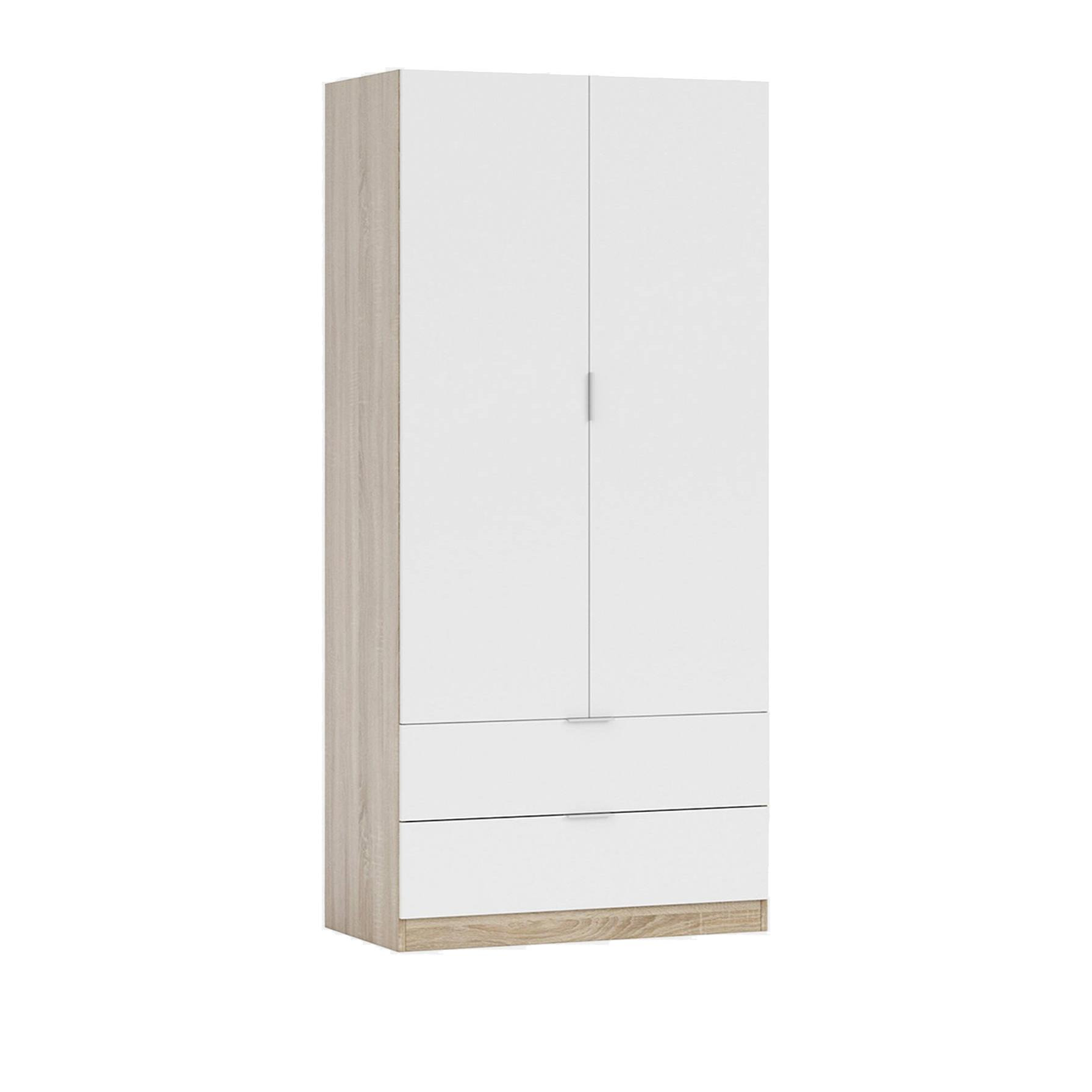 Guardaroba Worcester, Armadio per camera da letto a 2 ante e 2 cassetti, Mobile con barra appendiabiti, cm 82x52h180, Bianco e Rovere