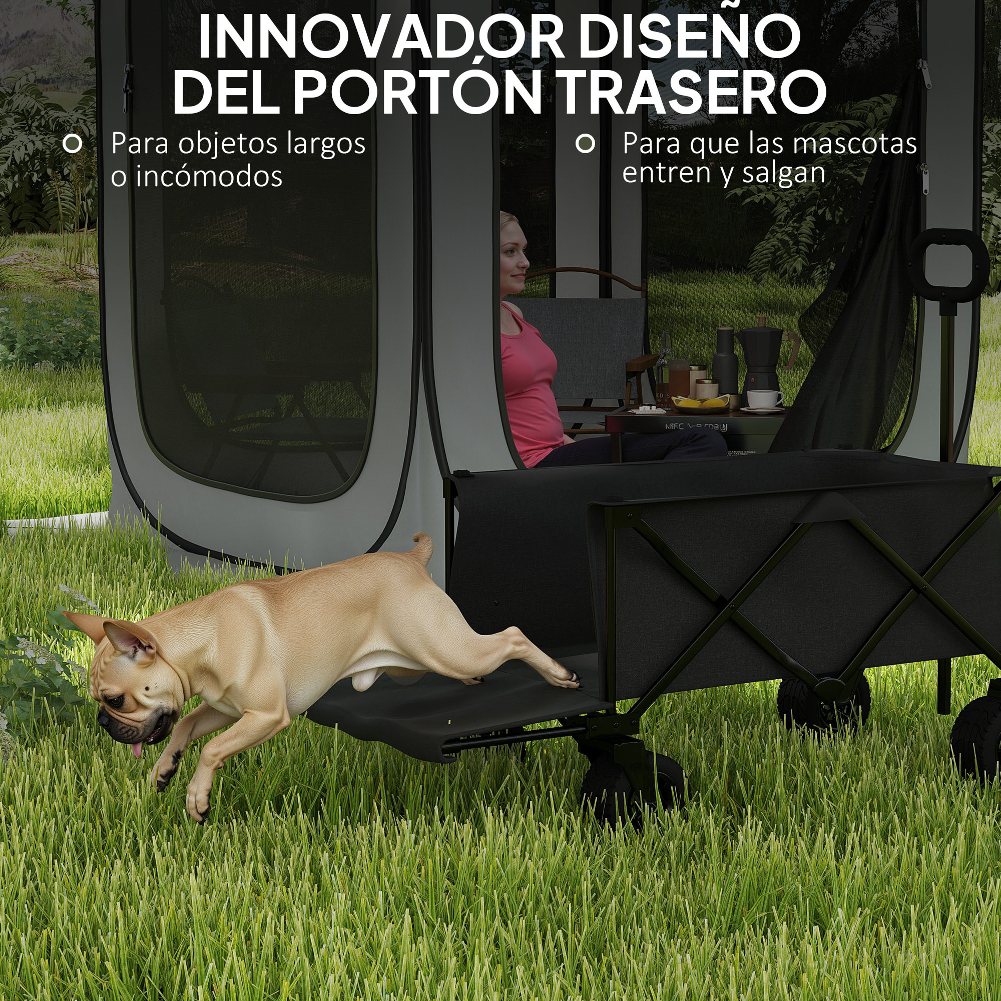 Carro Playa Ruedas Grandes Carro de Jardín Plegable con Mango Ajustable Puerta Trasera Expandible Carga 100 kg Carrito Transporte para Todo Terreno Jardín Campaña Compra Negro